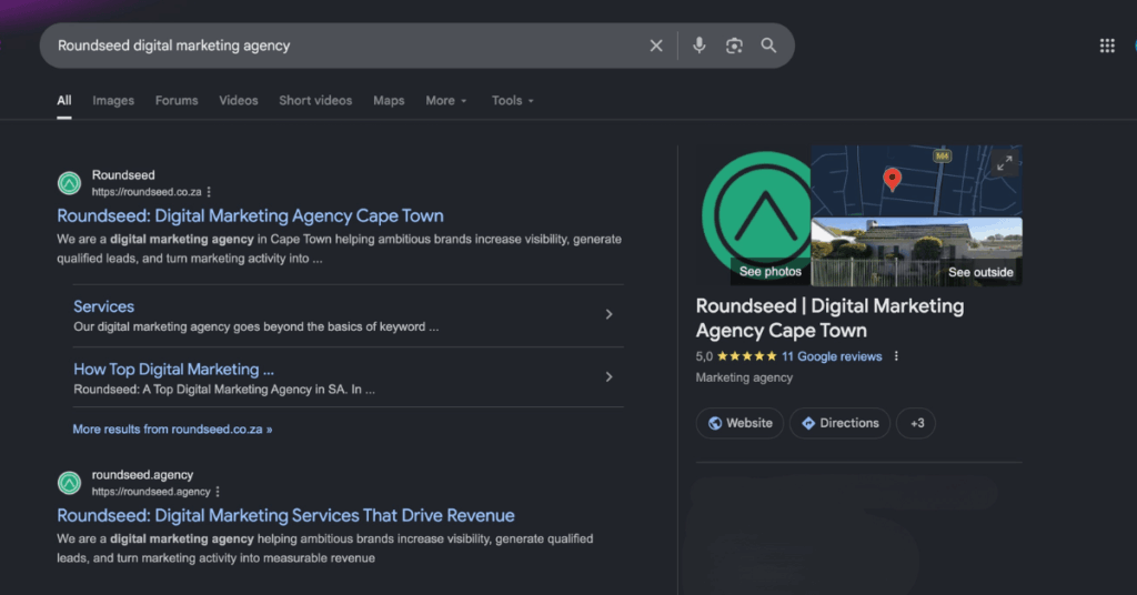 Roundseed Digital Marketing Agency appearing on Google's organic search.