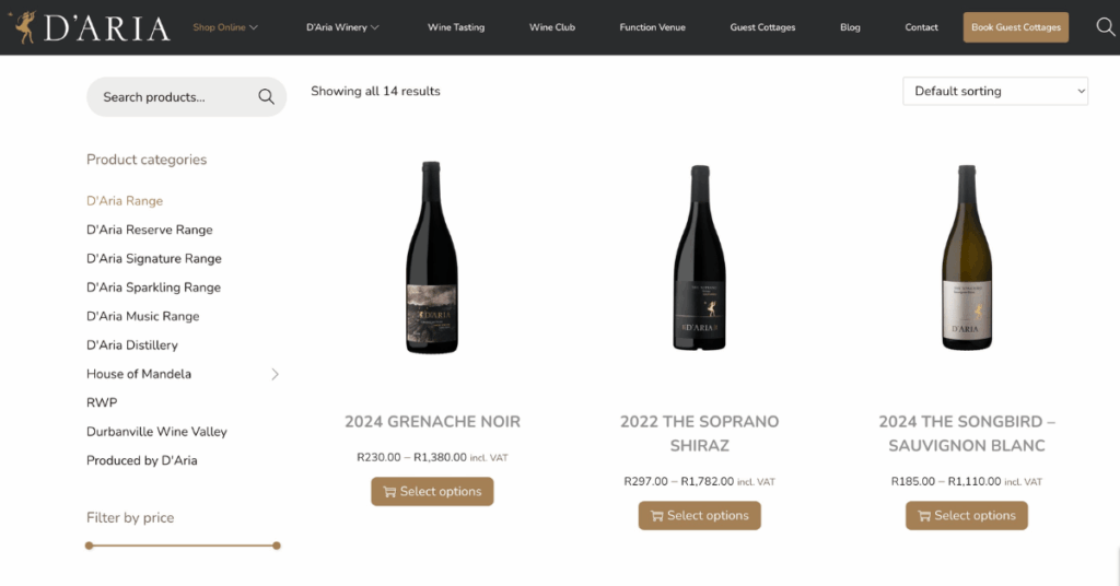 Images of an e-commerce style shopping page for wine