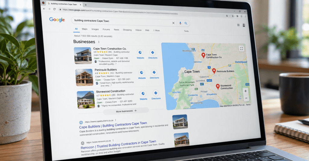 Local search showing Google Business Profile results for building contractors in Cape Town